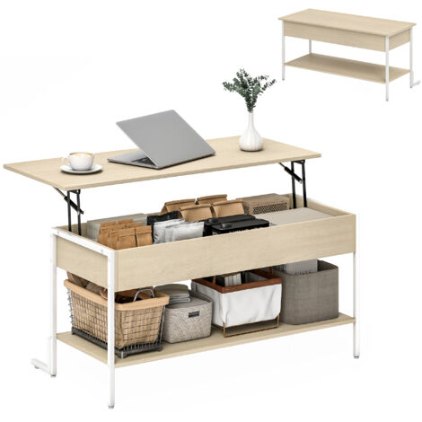 HOMCOM mesa de centro elevable mesa de café con cierre suave espacio oculto de almacenaje y estante abierto 95x40x59 cm natural y blanco