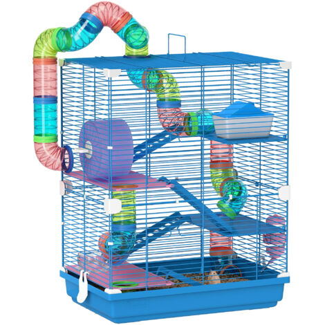 PawHut jaula para hámster casa para animales pequeños con túnel plataformas cuenco bebedero casita rampas y rueda de ejercicio 46x30x58 cm azul
