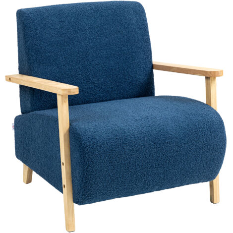 HOMCOM sillón nórdico butaca de salón tapizado en borreguito con reposabrazos de madera acolchado grueso y patas de madera para dormitorio azul