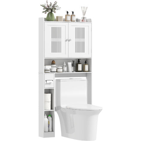 HOMCOM estantería sobre inodoro con estante ajustable 2 puertas soporte para papel higiénico y estantes abiertos ahorra espacio para baño blanco