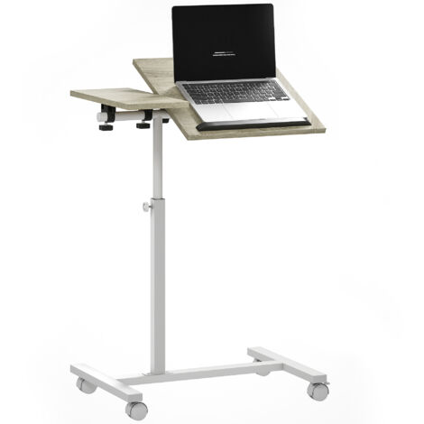 HOMCOM mesa auxiliar con ruedas mesa para sofá con altura ajustable superficie inclinable y marco de metal 57x40x67,5-101 cm roble y blanco (1/5)