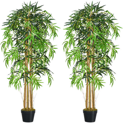 Outsunny pack de 2 bambú artificiales 150 cm plantas artificiales con 1095 hojas maceta decoración para interior hogar verde (1/4)