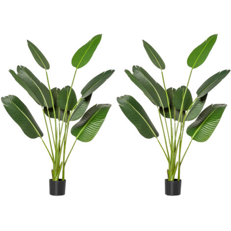 HOMCOM pack de 2 plantas artificiales bananera de 160 cm con maceta y 10 hojas realistas plantas sintéticas para decoración en interior oficina verde