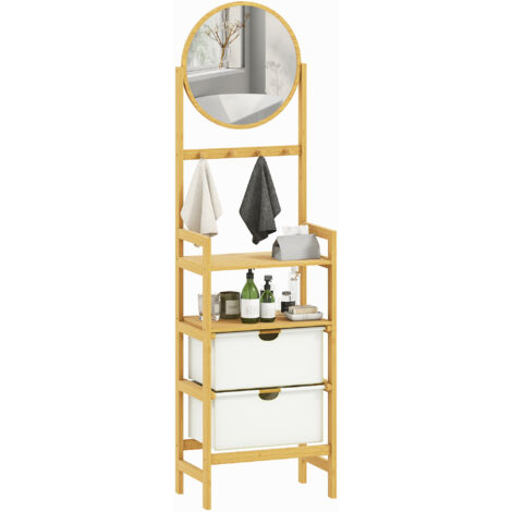 HOMCOM Estantería de Baño de Bambú con Espejo Estantería de Almacenaje con 4 Ganchos 2 Estantes Abiertos y 2 Cajones de Tela para Cocina Salón Natural