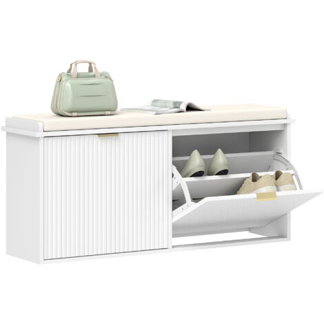 HOMCOM banco zapatero mueble zapatero banco recibidor con asiento acolchado 2 cajones abatibles y panel de tablillas 104x26x47,5 cm blanco