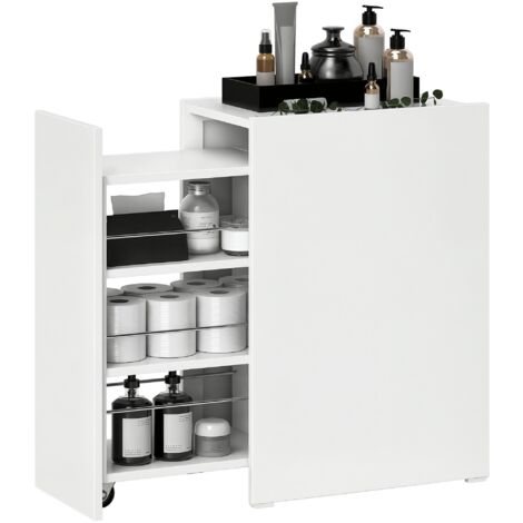HOMCOM armario de baño estrecho con cajón deslizante y ruedas mueble de baño con 3 compartimentos para espacios pequeños 47x30x66,5 cm blanco