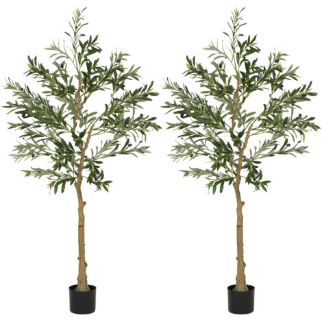 HOMCOM pack de 2 olivos artificiales 150 cm plantas artificiales decorativas grandes árboles artificiales de interior con 32 aceitunas verde (1/5)