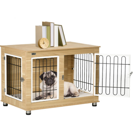 PawHut jaula para perros mesa auxiliar con cojín lavable casa para mascotas con estructura de acero para perros medianos y grandes 90x58x65 cm roble (1/5)