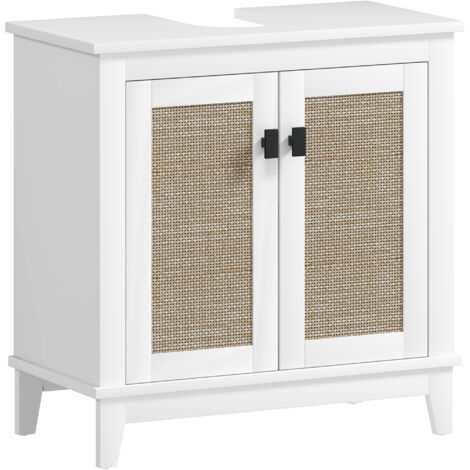 HOMCOM mueble para debajo del lavabo armario de baño de suelo con 2 puertas de ratán pe 2 estantes para cuarto baño 60x30x60 cm blanco