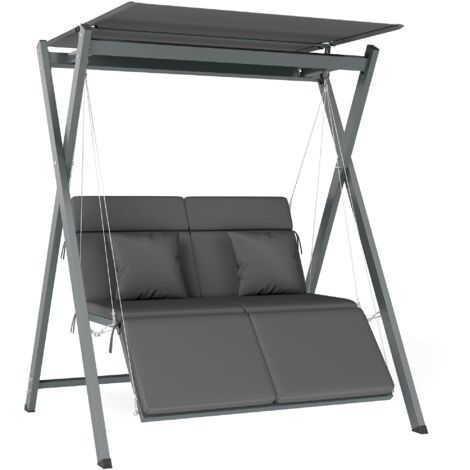 Outsunny columpio de jardín exterior de 2 plazas convertible en cama con toldo ajustable protección UV30+ y cojines carga 220 kg 142x130x168 cm gris
