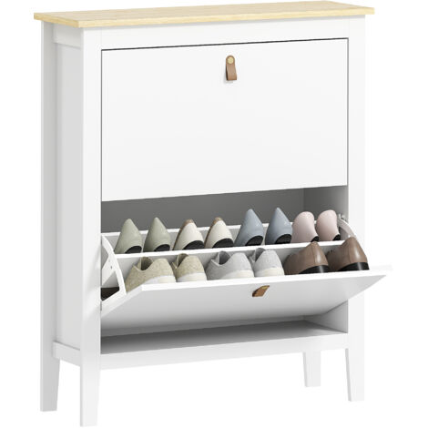 HOMCOM mueble zapatero estrecho con 2 cajones abatibles estantes ajustables y tiradores de PU para 14 pares de zapatos 80x24x95,5 cm blanco