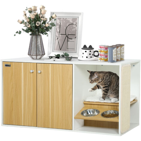 PawHut mueble arenero para gatos 3 en 1 nido mesa auxiliar con puertas cojín tazones estera para rascar para salón dormitorio 95x48x50,5 cm blanco