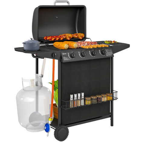Outsunny barbacoa de gas BBQ gas con 4+1 quemadores 12 kW barbacoa portátil con termómetro mesa lateral parrilla recogedor de grasa 2 ruedas negro
