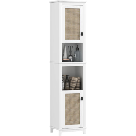 HOMCOM columna de baño armario de baño con estantes ajustables 2 puertas con frontal de ratán y 2 compartimentos 40x30x167,5 cm blanco