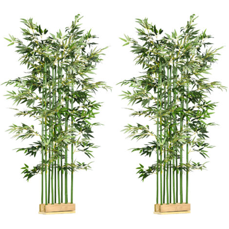 HOMCOM pack de 2 bambú artificiales 180 cm plantas artificiales con 1640 hojas maceta de madera de pino decoración para interior 35x10x180 cm verde (1/5)