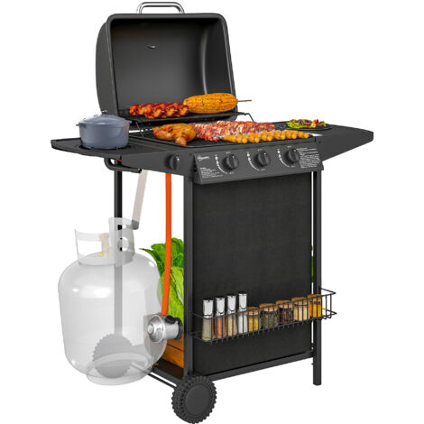 Outsunny barbacoa de gas BBQ gas con 3+1 quemadores 9,5 kW barbacoa portátil con termómetro mesa lateral parrilla recogedor de grasa 2 ruedas negro