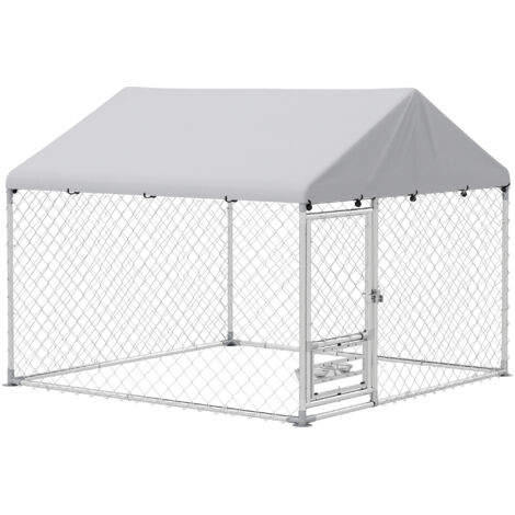 PawHut perrera exterior con toldo 2x2x1,55 m con techo impermeable soporte para comida giratorio y ajustable 2 cuencos para perros medianos y pequeños