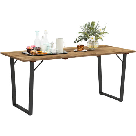 Outsunny mesa comedor de jardín de madera rectangular 175x80x75 cm con orificio para sombrilla estructura de acero y encimera de listones natural
