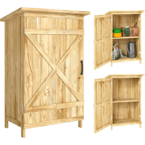 Outsunny caseta de jardín de madera 63,5x40x90 cm armario para almacenaje de herramientas con 2 estantes puerta estilo granero natural (1/3)