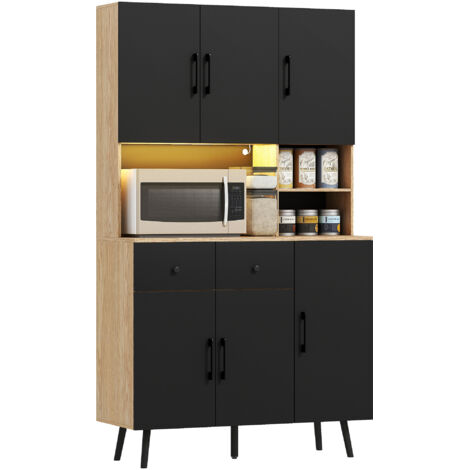 HOMCOM alacena de cocina alta con luces LED RGB 6 puertas 2 cajones encimera y orificio para cables negro y roble 100x40x176 cm