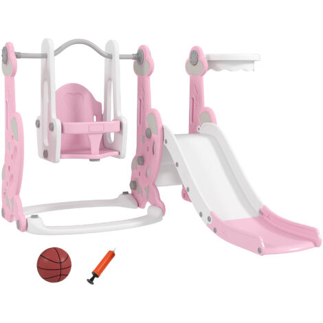 AIYAPLAY tobogán infantil 4 en 1 parque infantil con columpio y tobogán escalador aro de baloncesto temática de cohete para interior rosa y blanco (1/5)
