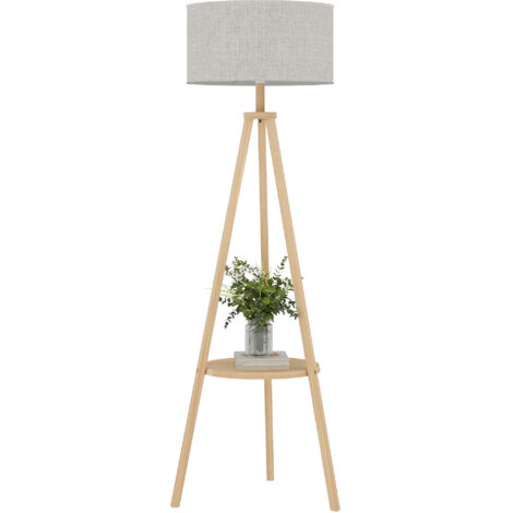 HOMCOM lámpara de pie trípode con estante lámpara de pie salón con pantalla interruptor de pie para sala de estar oficina dormitorio gris y natural
