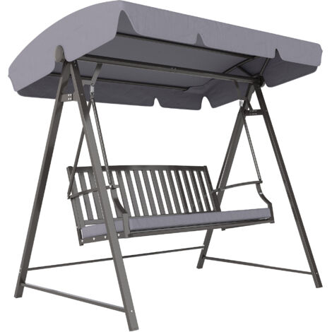 Outsunny columpio de jardín de 3 plazas balancín de jardín exterior con toldo ajustable cojín y estructura de acero carga 360 kg 205x133x181 cm gris