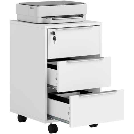 HOMCOM cajonera de escritorio con 3 cajones cajonera de oficina con ruedas cerradura y 2 llaves archivador móvil para estudio 40x40x63,5 cm blanco