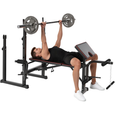 SPORTNOW banco de musculación banco de pesas con soportes para barra regulables y respaldo ajustable negro
