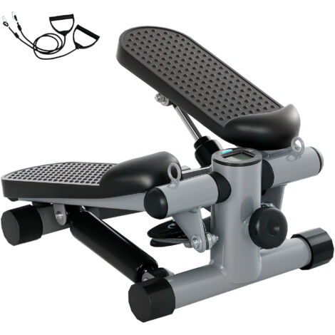 SPORTNOW mini stepper para hacer ejercicio en casa con bandas de resistencia monitor lcd pedales antideslizantes ajustables en altura gris