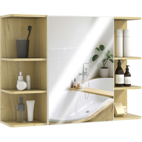 HOMCOM armario de baño con espejo armario de pared mueble de baño colgar con puerta estantes abiertos 80x20x59 cm natural