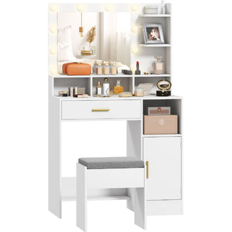 HOMCOM tocador de maquillaje con luces LED y taburete tocador con espejo 2 colores 10 bombillas cajón estantes compartimentos abiertos blanco