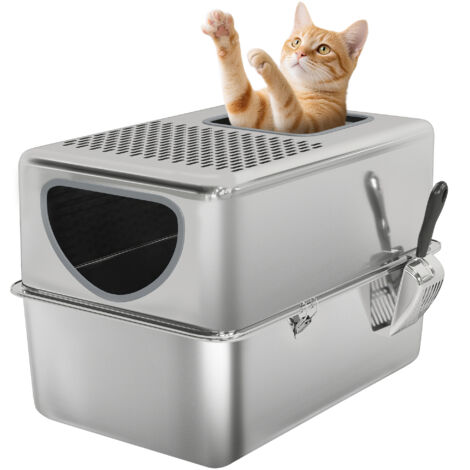 PawHut arenero para gatos de acero inoxidable XL caja de arena para gatos arenero con pala aberturas dobles fácil de limpiar plata