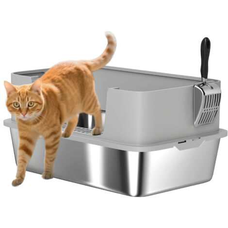 PawHut arenero para gatos de acero inoxidable XL caja de arena para gatos con borde alto pala fácil de limpiar prueba de fugas 60x40x29,5 cm gris