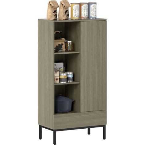 HOMCOM aparador 1 puerta aparador para salón moderno con cajón estante ajustable y 3 compartimentos abiertos para comedor entrada 60x34x121 cm natural