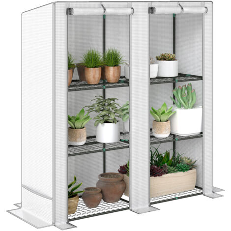 Outsunny invernadero de exterior con techo inclinado 3 estantes 2 puertas enrollables y marco de acero para cultivos plantas 144x48x152 cm blanco