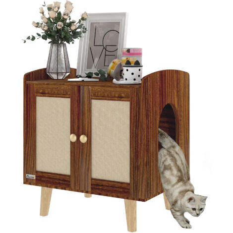 PawHut mueble arenero para gatos caja de arena para gatos mesa auxiliar con puertas con esteras de sisal para salón dormitorio 55x43x59,6 cm marrón