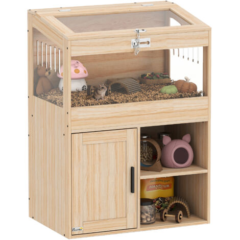 PawHut jaula para hámster con espacio de almacenaje casa para hámster con paneles acrílicos visibles estante ajustable 60x40x82,5 cm natural