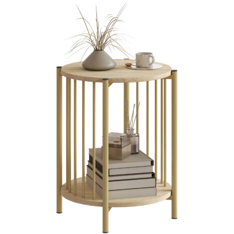 HOMCOM mesa auxiliar redonda de 2 niveles mesita auxiliar moderno con estante de almacenaje y marco de acero para salón dormitorio Ø41x49 cm natural