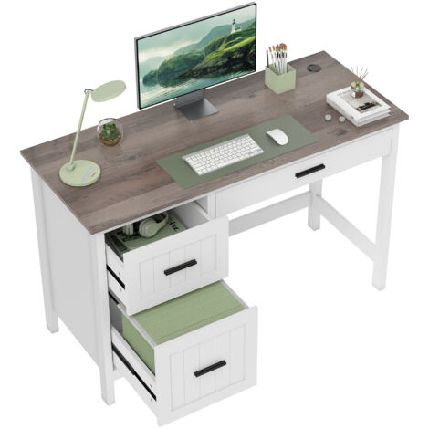 HOMCOM escritorio rústico 120x50 cm mesa de escritorio con 3 cajones y encimera con efecto madera mesa de ordenador para estudio oficina casa blanco