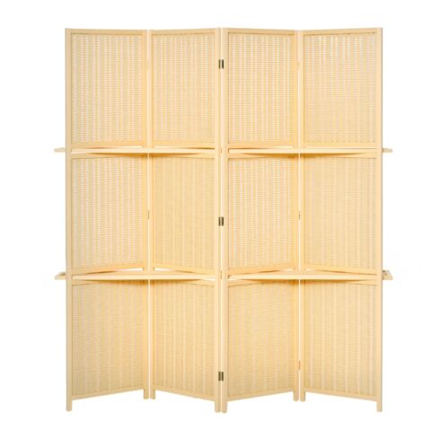 HOMCOM biombo de 4 piezas de bambú separador de ambientes plegable con 2 estantes extraíbles divisor de habitaciones dormitorio 180x180 cm natural (1/5)