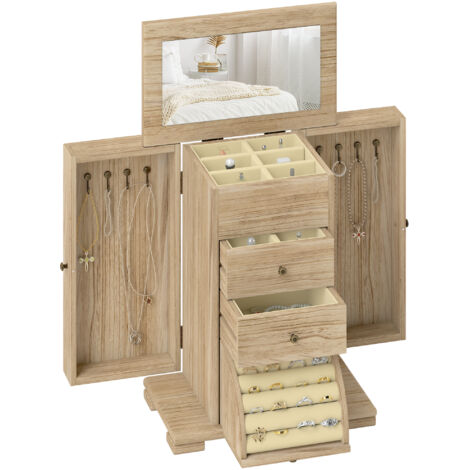 HOMCOM caja joyero de madera de 4 niveles joyero mujer organizador grande con 2 cajones espejo para pendientes anillos collares natural