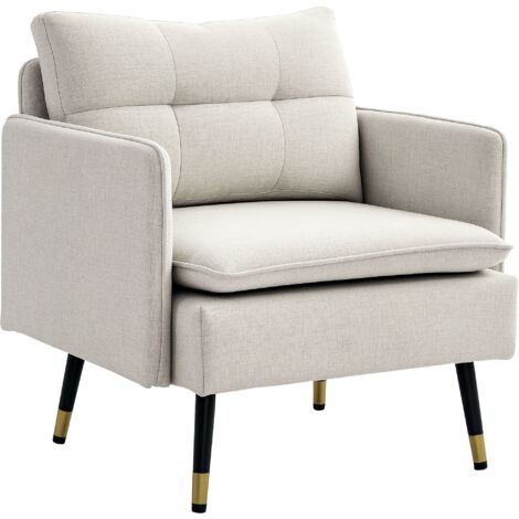 HOMCOM sillón de salón moderno butaca de salón tapizado en lino con cojines reposabrazos y patas de acero para dormitorio sala de estar oficina crema