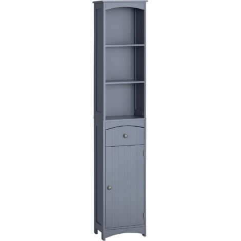 HOMCOM armario alto de baño estrecho con 1 cajón y 3 estantes abiertos columna de baño estilo moderno para salón aseo cocina 34x24x170 cm gris