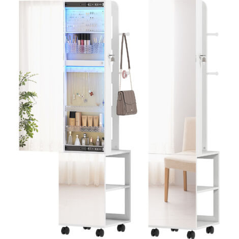 HOMCOM espejo joyero con luces LED, armario para joyas de pie de giro de 360°, espejo entero, cerradura y llaves, superficie blanco y forro beige