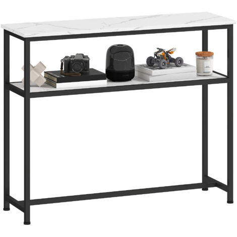 HOMCOM mesa consola moderna consola recibidor estrecha con superficie con efecto mármol estante abierto y marco de metal 100x30x81 cm blanco