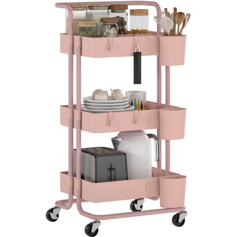 HOMCOM carrito auxiliar con ruedas de 3 niveles con 4 ganchos asa 3 cestas extraíbles 3 cajas colgantes para baño salón oficina 42x38x86,5 cm rosa (1/5)