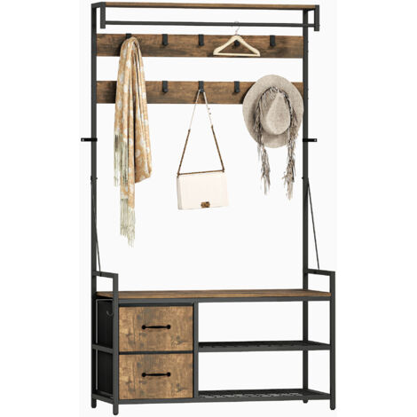 HOMCOM perchero zapatero con banco, zapatero doble, 10 ganchos ajustables, 2 cajones, barra colgante, estilo industrial, 100x40x180 cm, marrón rústico