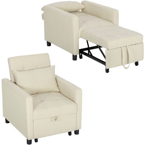 HOMCOM sofá cama de 1 plaza sofá cama tapizado en lino con respaldo ajustable de 3 niveles y almohada acolchad 69x82,5x84 cm beige