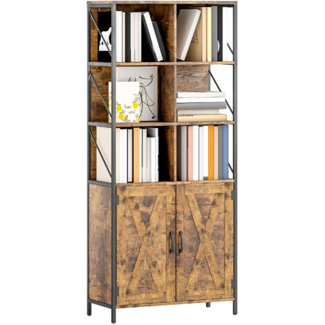 HOMCOM estantería de libros con 6 compartimentos abiertos, 2 puertas y estante ajustable, para salón, oficina, dormitorio, 75x34x172 cm marrón rústico (1/5)